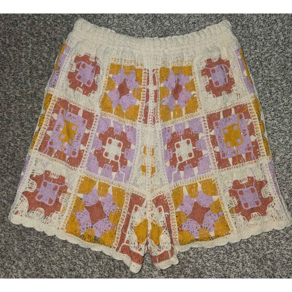 Rebellion Again Women Crochet Granny Square Shorts Multi Color Boho Festival S